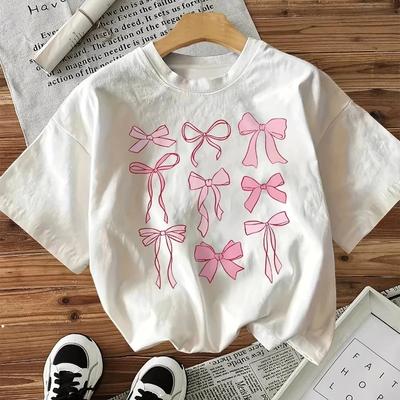 Розовая футболка с принтом бантика Женская Летний стиль Повседневная футболка с принтом Бо Топ с коротким рукавом Футболка Кавайная одежда Женская Свободная одежда