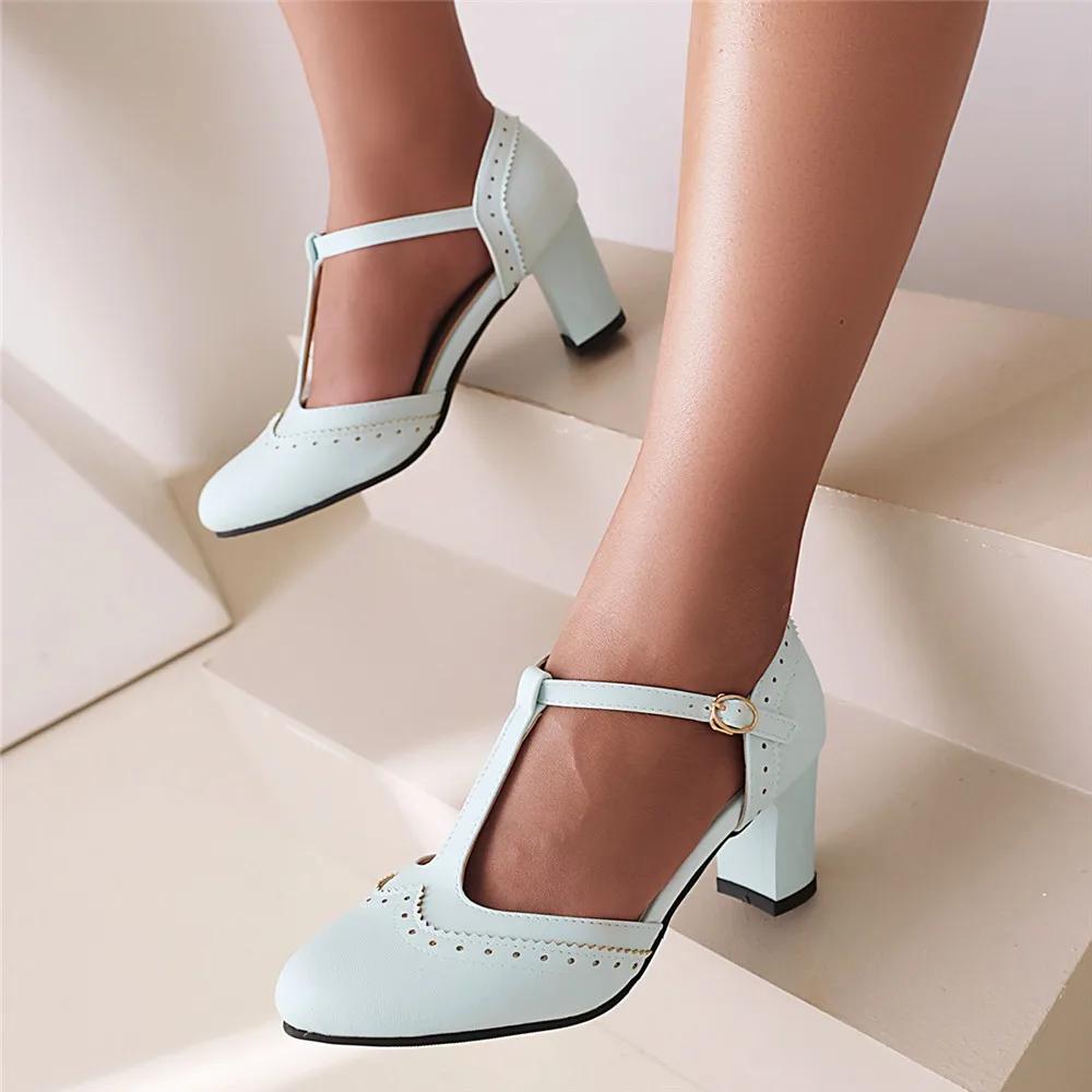 Fashion Lady Fashionable Single Shoes T-Strap Buckle Sweet Blue Pumps 6.5CM Heel High Heels Zapatos Party Wedding Women Mary Janes Shoes