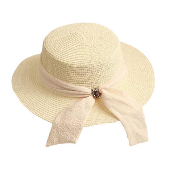 Straw Hat Lightweight Breathable Flat Top Wide Brim Sun Protection Hat Metal Buckle Ribbon Decorated Hat Summer Beach Hat