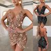 Женское модное однотонное платье с пайетками, V-образным вырезом и бретелями, с перекрестным подолом и открытой спиной