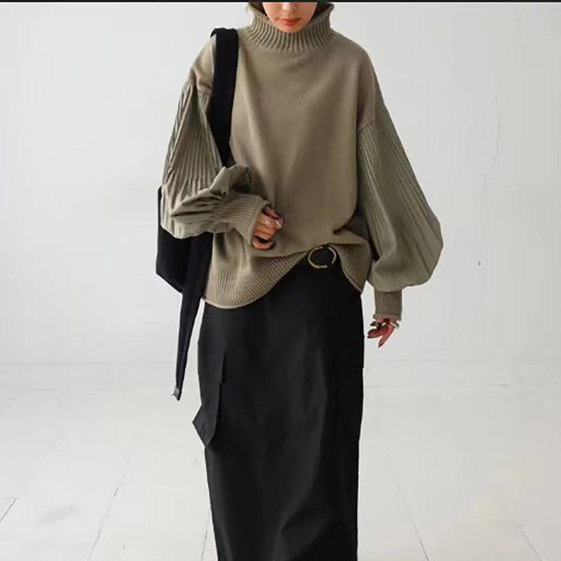 Зимний женский стильный свитер с высоким воротником, пэчворк, повседневный свободный пуловер, рукав «фонарик», женский свитер