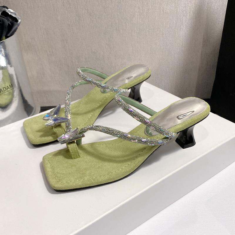 Rhinestone thin heel cover toe cool slippers women's 2025 summer new Korean version Internet celebrity bow fashion wear high heel slippers