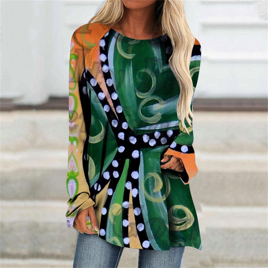 Модные женские повседневные свободные футболки с круглым вырезом и длинными рукавами с принтом, топы