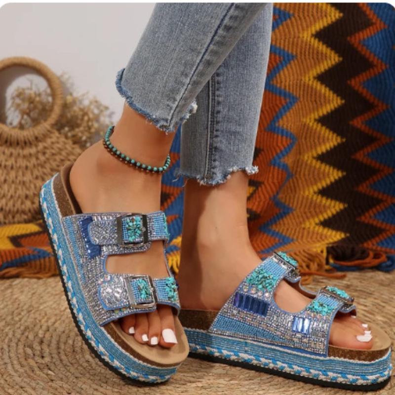 Босоножки со стразами на каблуке, слипоны с двойной пряжкой, сверкающие праздничные тапочки