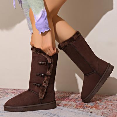Модные зимние коричневые длинные сапоги женские сапоги до середины голени толстые плюшевые толстые подошвы нескользящие модные однотонные пуговицы классические ретро женские сапоги