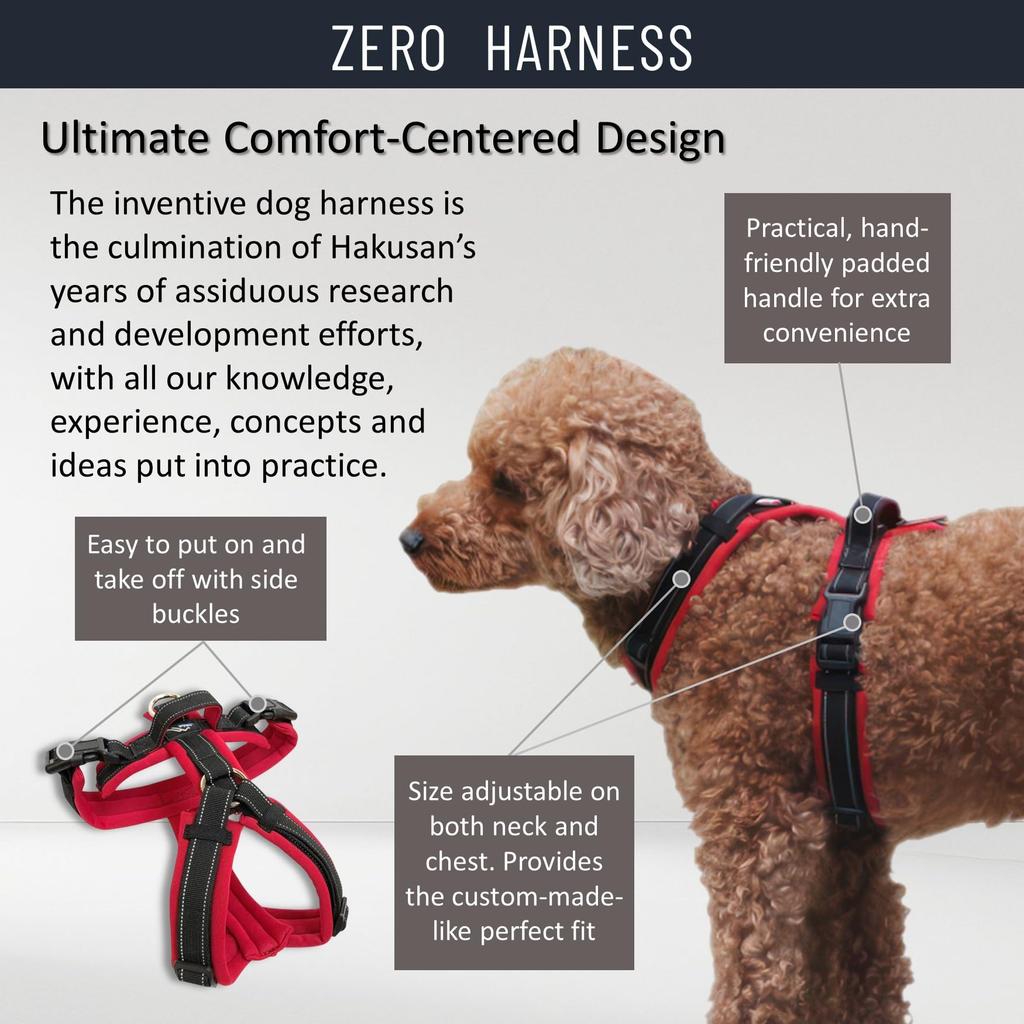 Hakusan Zero a comfortable dog harness with adjustable easy on and breathable and a handle and available in XS size and Harness, lightweight, size,