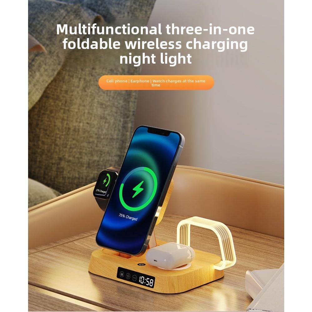 15W Mobile Phone Wireless Fast Charging Touch Night Light Solid Wood Clock Bedroom Bedside Table Lamp