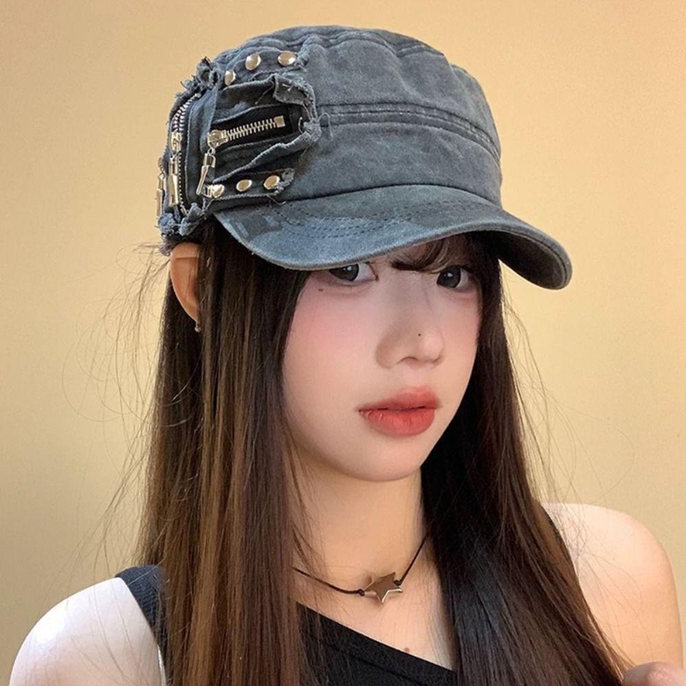 Y2k Metal Rivet Flat Top Hat Cloth Equestrian Hat Personality Retro Baseball Cap  Travel