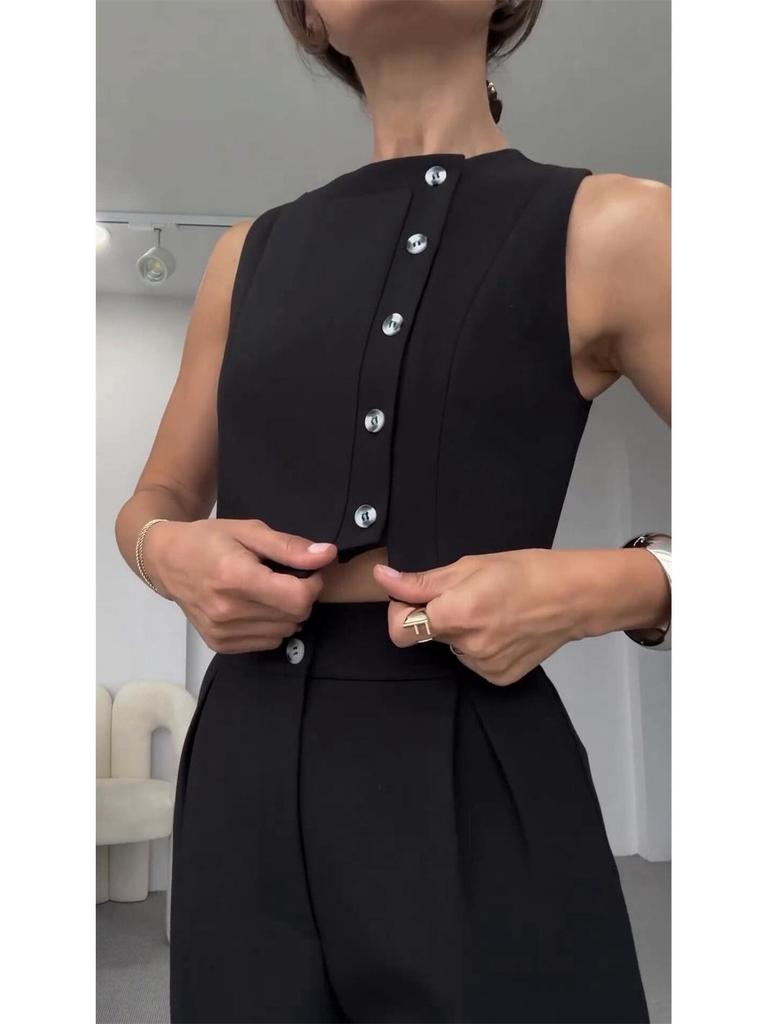 Европейская и американская женская мода весна/лето 2024 Топ без рукавов и укороченные брюки с высокой талией