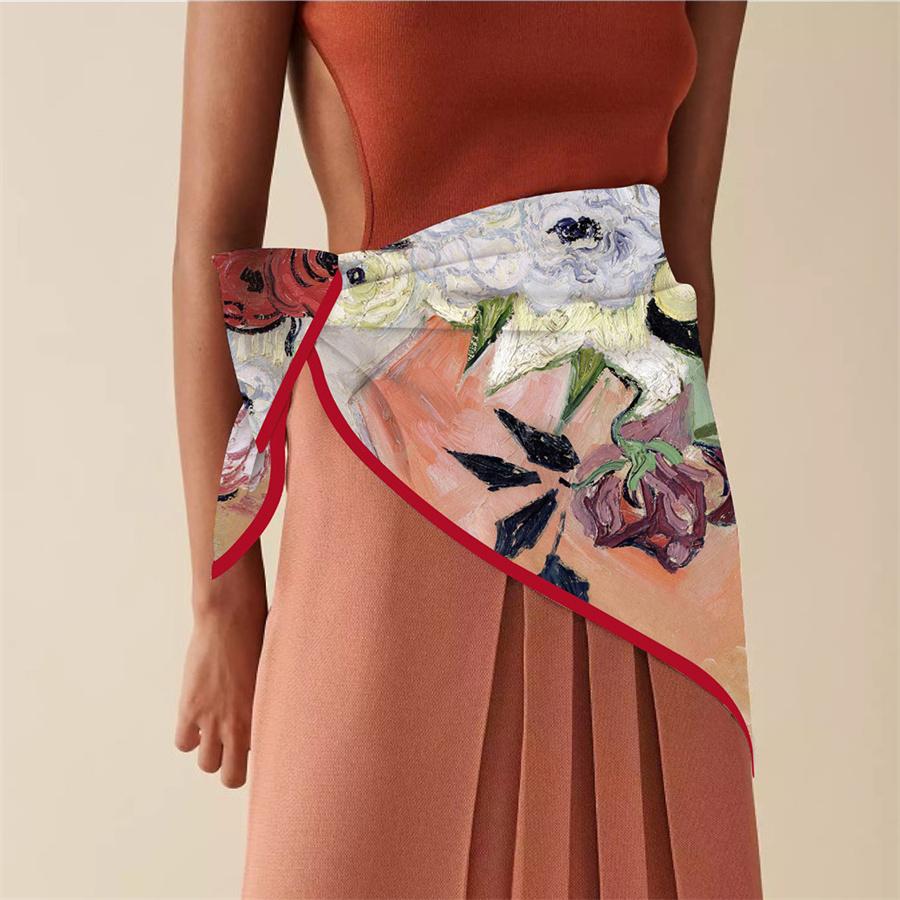 Silk Scarf Women Flowers Print Square Scarves Head Echarpes Silk Foulards Femme Wraps Beach Shawls Bandana Lady Hijabs 90CM