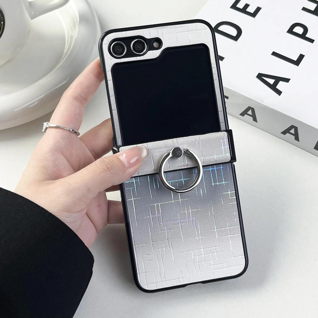 Чехол для телефона из ПУ кожи с держателем-кольцом для Samsung Galaxy Z Flip 5 4 3 Flip5 Flip4 Flip3 5G Пластиковая твердая оболочка Противоударный чехол