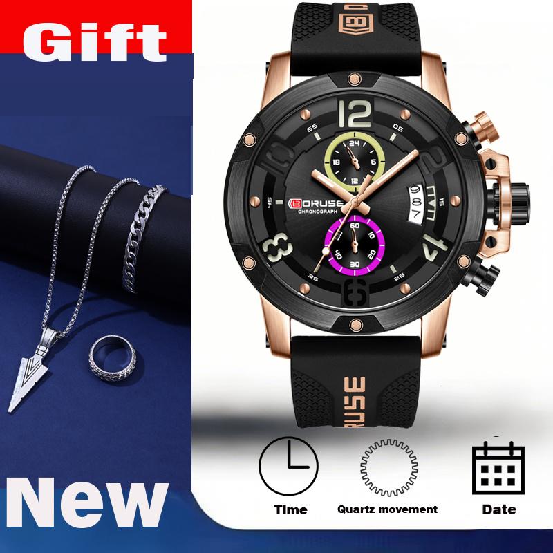 4 PCS SET BORUSE Luxury Watches & Triangle Spearhead Necklace Set Mens Quartz Waterproof Watches Business Silicone Watch