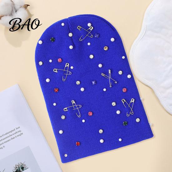 Street Fashion Skull Cap Colorful Rhinestone Knitted Hat, Faux Pearl Safety Pin Punk Knit Casual Outdoor Daily Hat Bling Winter Warm Hip Hop for Women