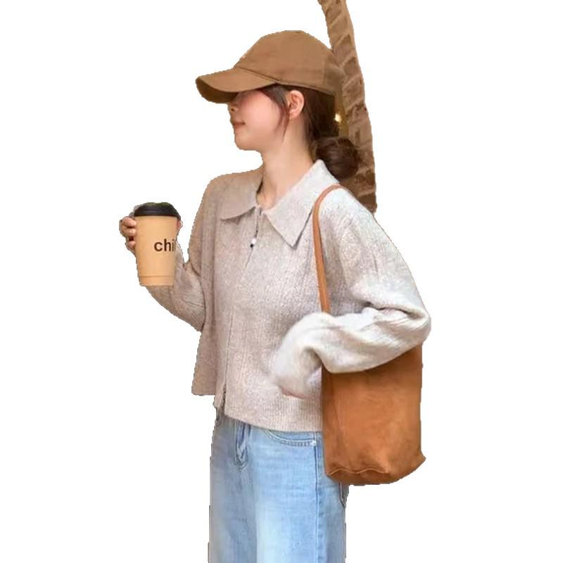 Французский гусино-желтый женский вязаный кардиган с воротником поло на двойной молнии - Осенняя коллекция 2025.