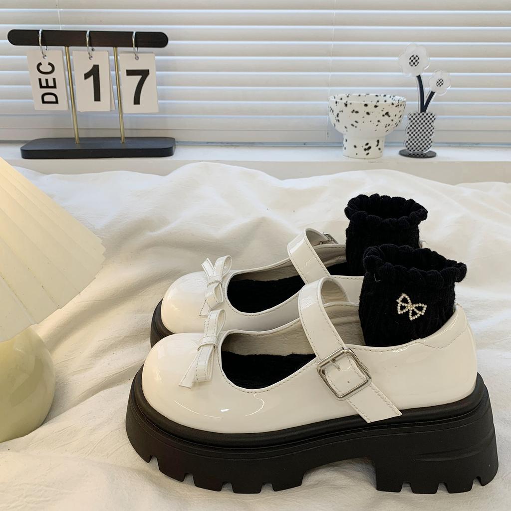 Thick-soled Mary Jane Small Leather Shoes for Women's British Style 2025 New One-word Mouth with Bow, Light Mouth Single Shoes for Women