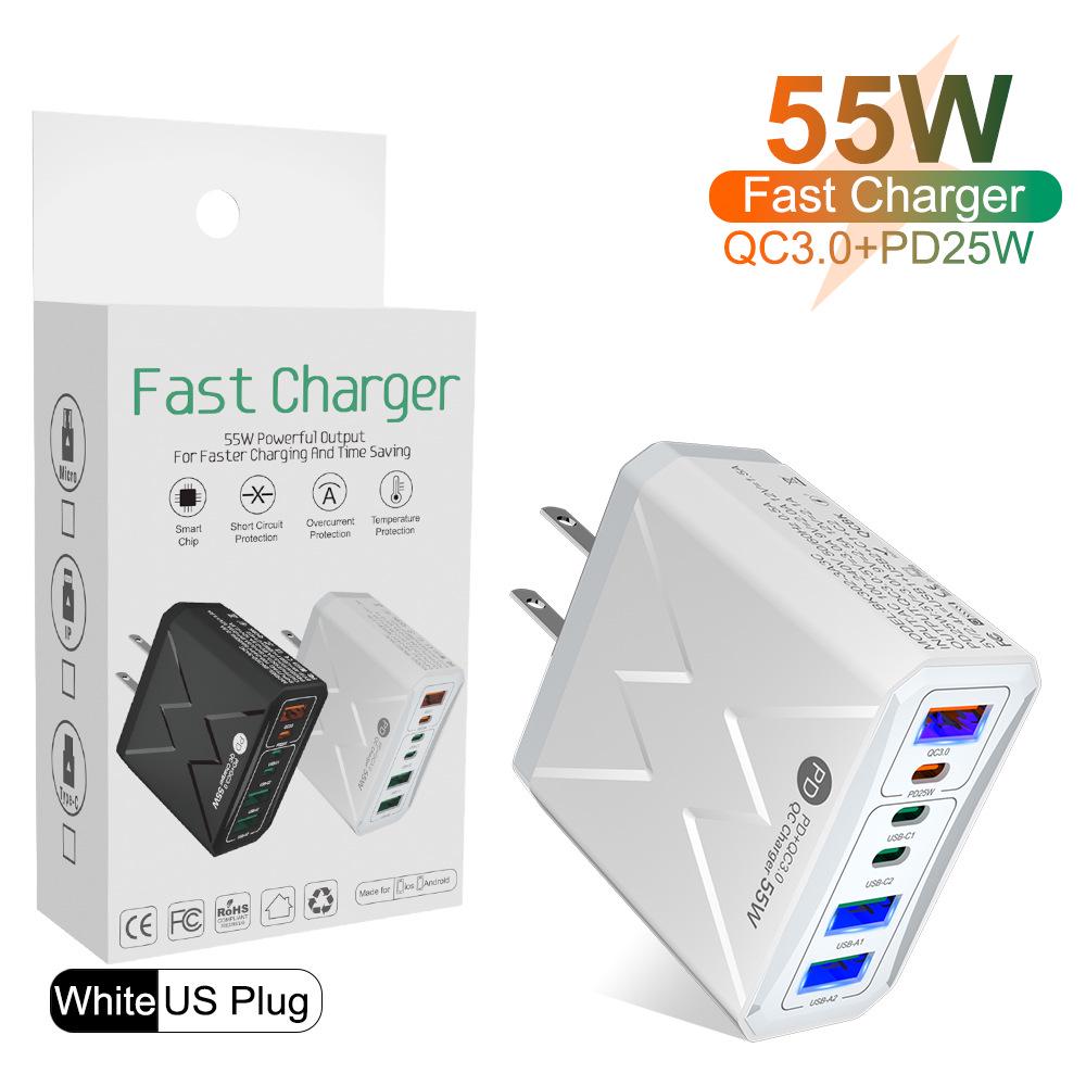 Быстрое зарядное устройство PD 25 Вт на 6 портов: 3 USB, 3 PD 55 Вт с QC3.0 – Штекеры EU, UK, AU