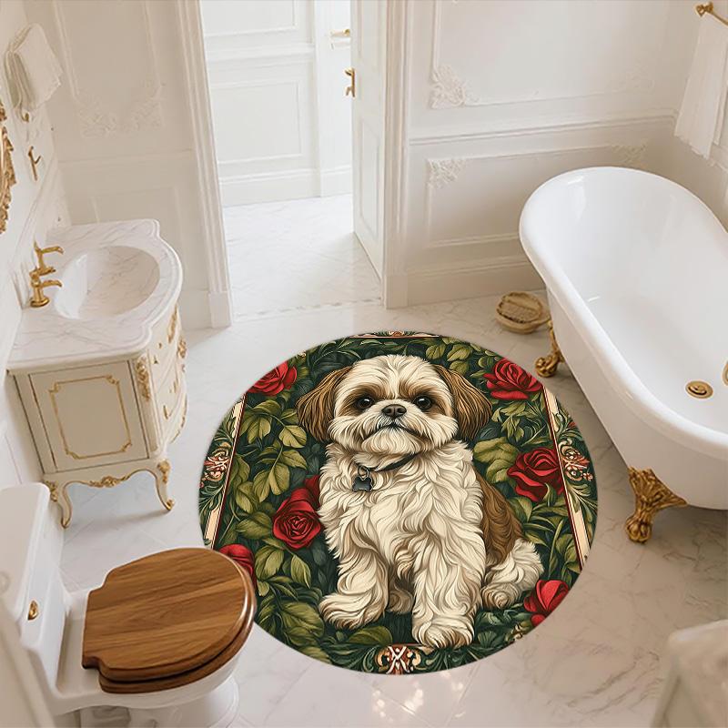 Rose Dog,Round Area Rug,Carpet Rug for Living Room Bedroom Sofa Playroom Decor,Non-slip Floor Mat