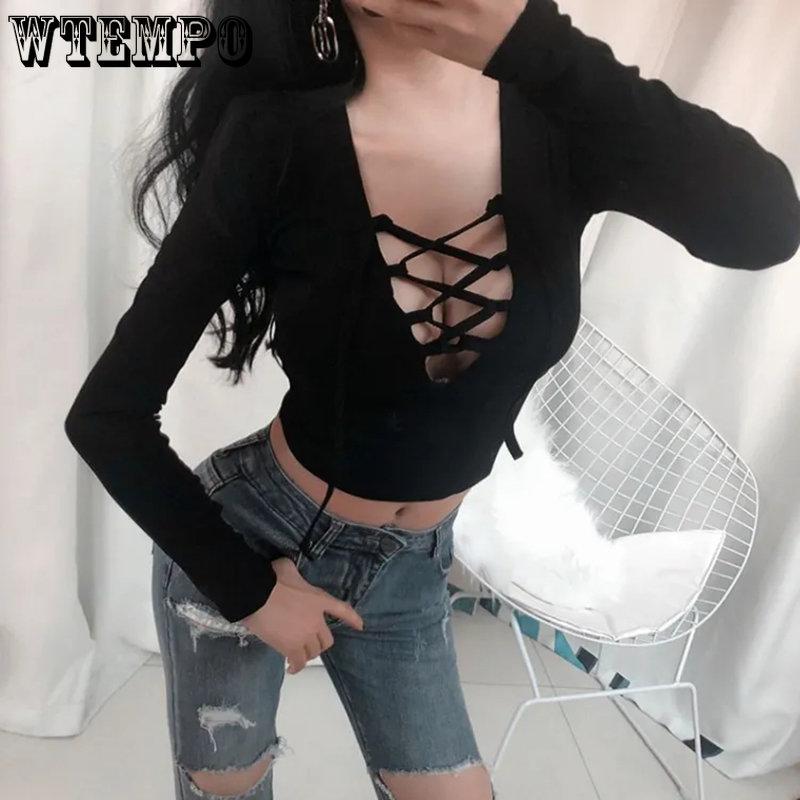 Women V-neck Bandage Hollow Out Slim Tops Long Sleeve Solid Short T-Shirts Spring Summer Bottoming Shirts Streetwear