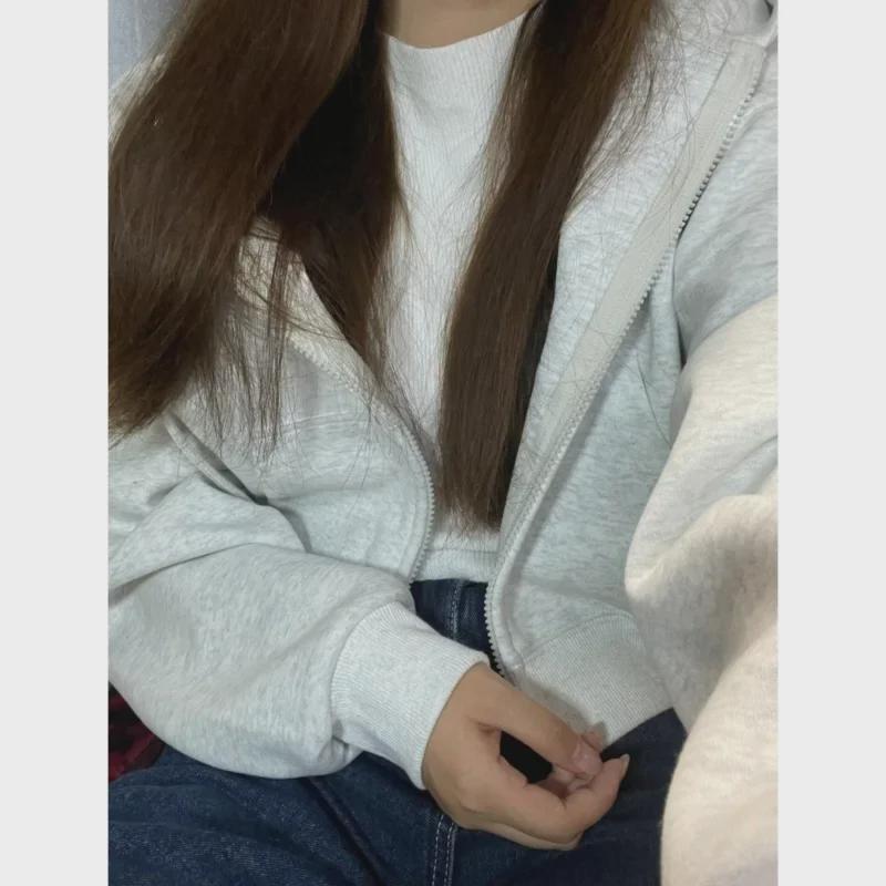 Women's Gray Hooded Zipper Cardigan - Long-Sleeve Sweater Jacket for Spring and Autumn