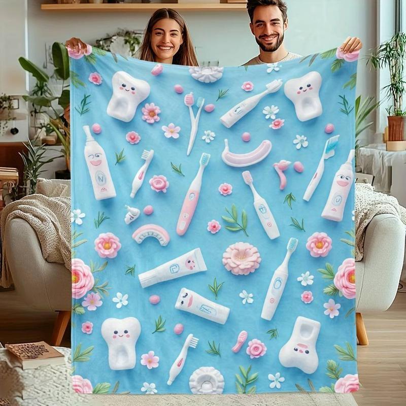 Newest Blanket Cute Cartoon Teeth Dental Print Flannel Blanket Soft Cozy Sofa Bed Throw Blanket