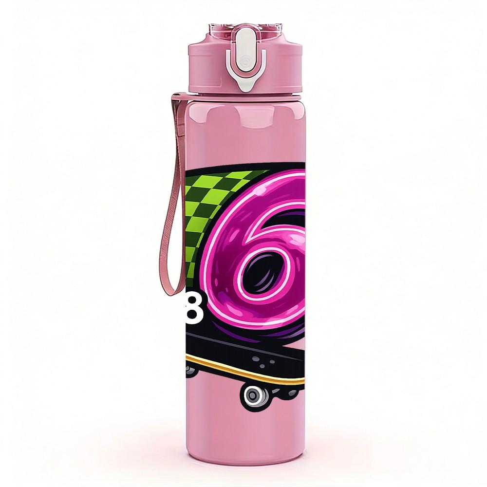 1PC Skateboard Six Number Logo 750ml Color Plastic Sports Water Bottle Leakproof Flip Straw Lid Suitable for Sports Office Home Use
