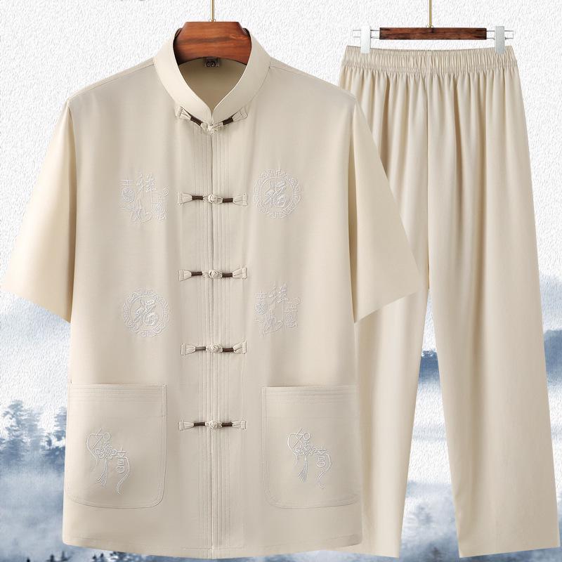 Мужской летний костюм Тан из ледяного шелка, китайская рубашка с коротким рукавом для папы и дедушки