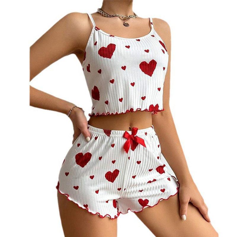 Women's Pajamas Set Sleepwear 2 PCS Short Tank Tops and Shorts White Ventilate Soft Casual Love Printing