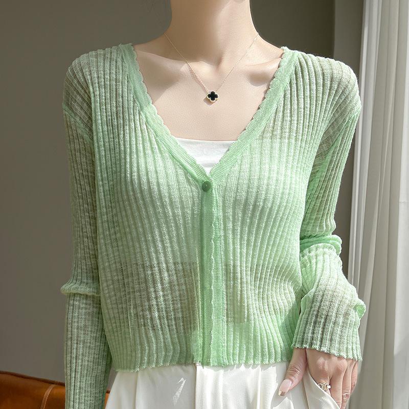 Women Thin Long Sleeve Solid Sunscreen Knit Cardigan Summer Outerwear Cover Up