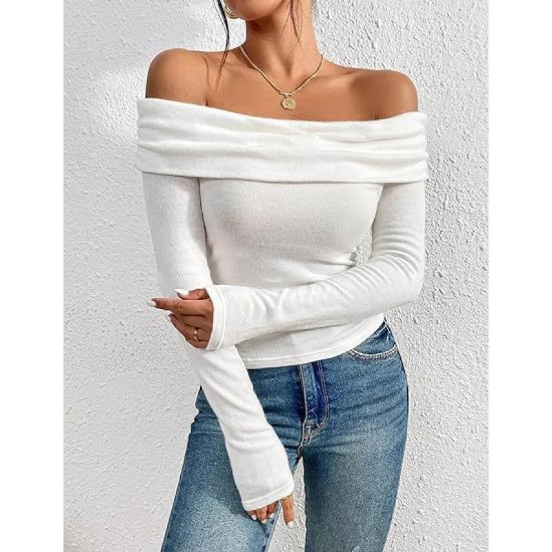 2026 Women's Sexy Off Shoulder Slim Fit Long Sleeve Top - One Shoulder Fitted Tee