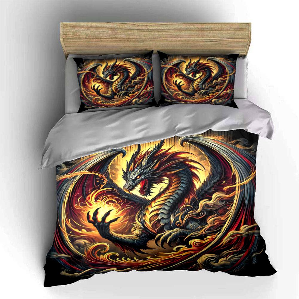 Fiery Dragon Art Set Decor Bedding Set with 1 Duvet Cover 2 Pillowcases Single Double King Queen, Gift