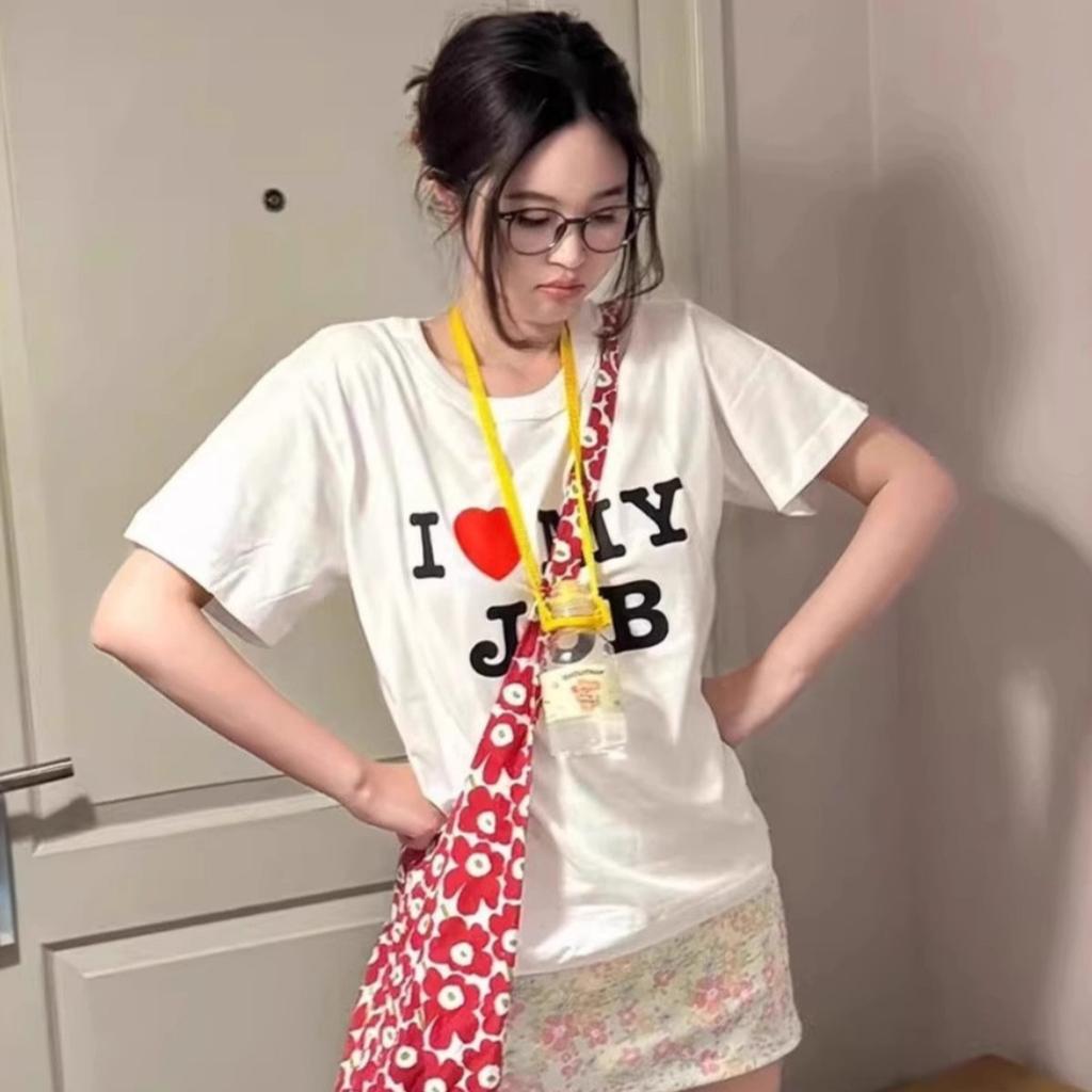 American retro trendy brand love letter printing shoulder sleeves loose cotton heavy round neck T-shirt women's casual top