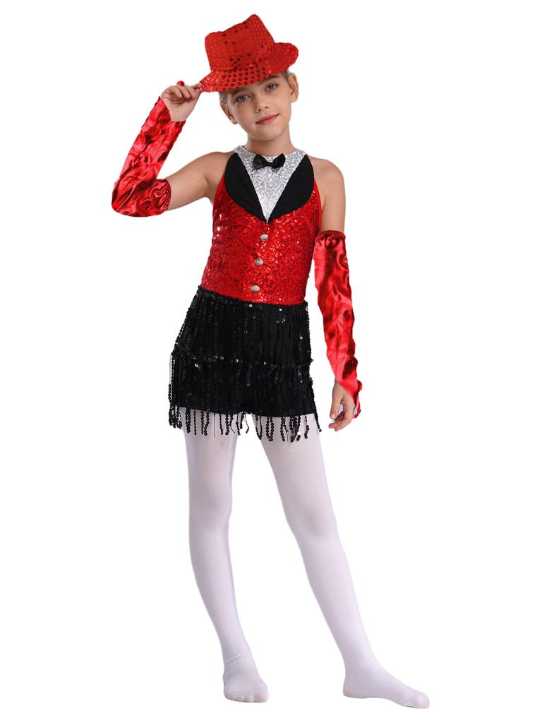 Латинский джазовый танцевальный купальник для девочек, без рукавов, с вырезом-замочной скважиной на спине, с пайетками, кисточками, металлическими перчатками и шапочкой