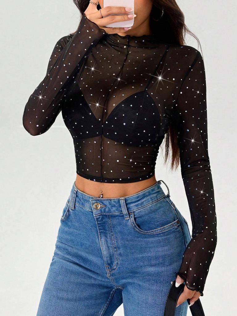 2025 Spring/Summer Women's Stand-Up Collar Sequin Mesh T-Shirt
