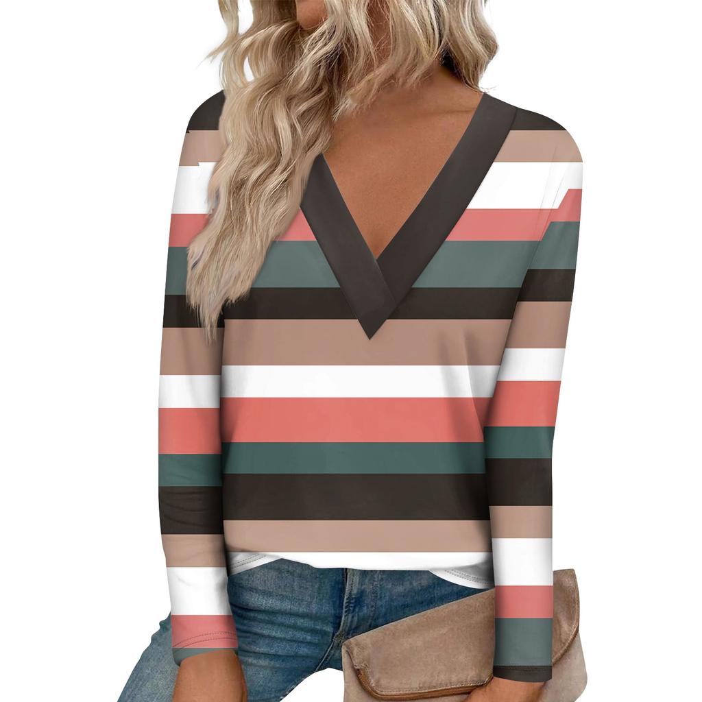 Женская модная футболка с длинными рукавами и большим v-образным вырезом спереди и изогнутым краем с принтом