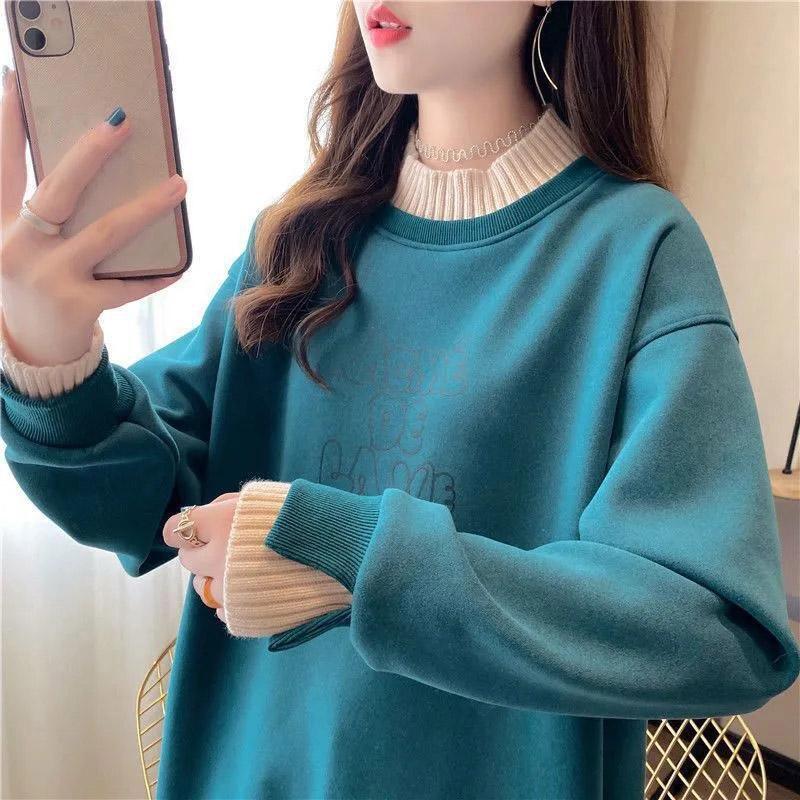Sweatshirt Women Autumn Thickened Warm Loose Fake Two Piece Tops Half High Neck Hoodless Pullover Top