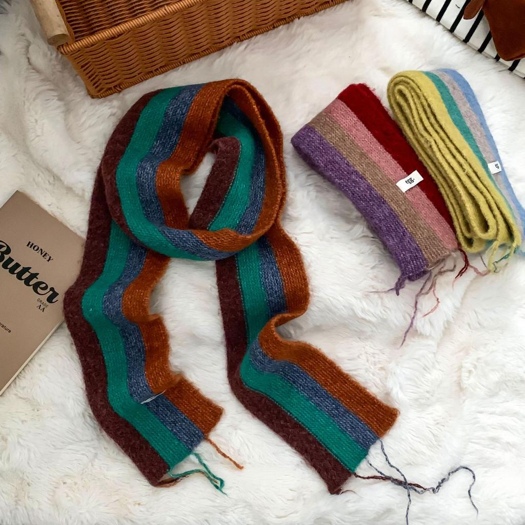 Scarf Korean Atmosphere Rainbow Striped Fringed Knitted Scarf Autumn And Winter Thickened Warm Versatile Scarf