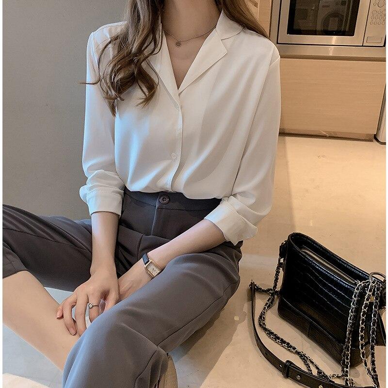 Белая рубашка, женская свободная шифоновая рубашка, рубашка на пуговицах с длинными рукавами, блузка, женская рубашка с отложным воротником, OL стиль, Blusas Ropa De Mujer