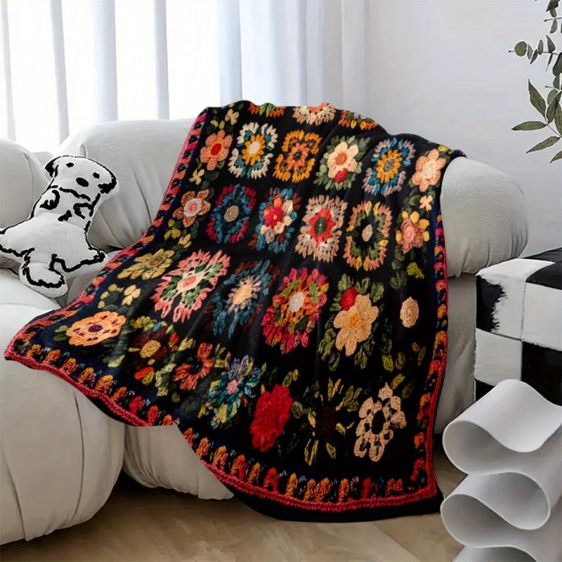 [Яркий плед] Яркий цветочный вязаный крючком плед Уютный легкий полиэстеровый трикотаж Цифровая печать Домашний декор Акцент Мягкая текстура