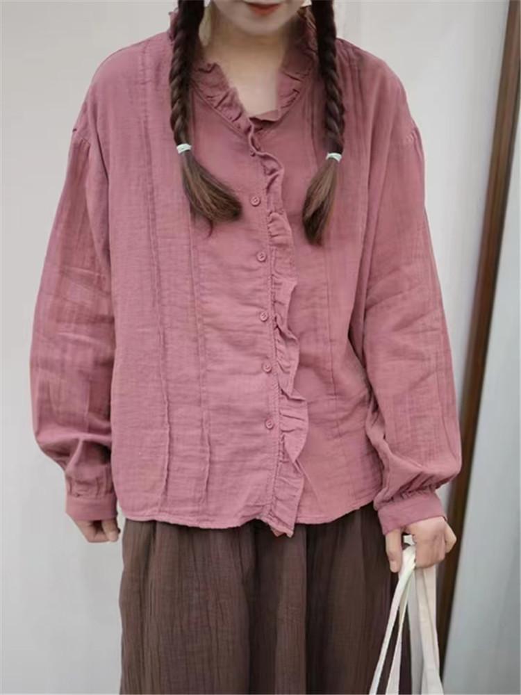 Johnature Винтажная рубашка женская весенняя V-образная горловина грибок кромка однобортный повседневный топ женский