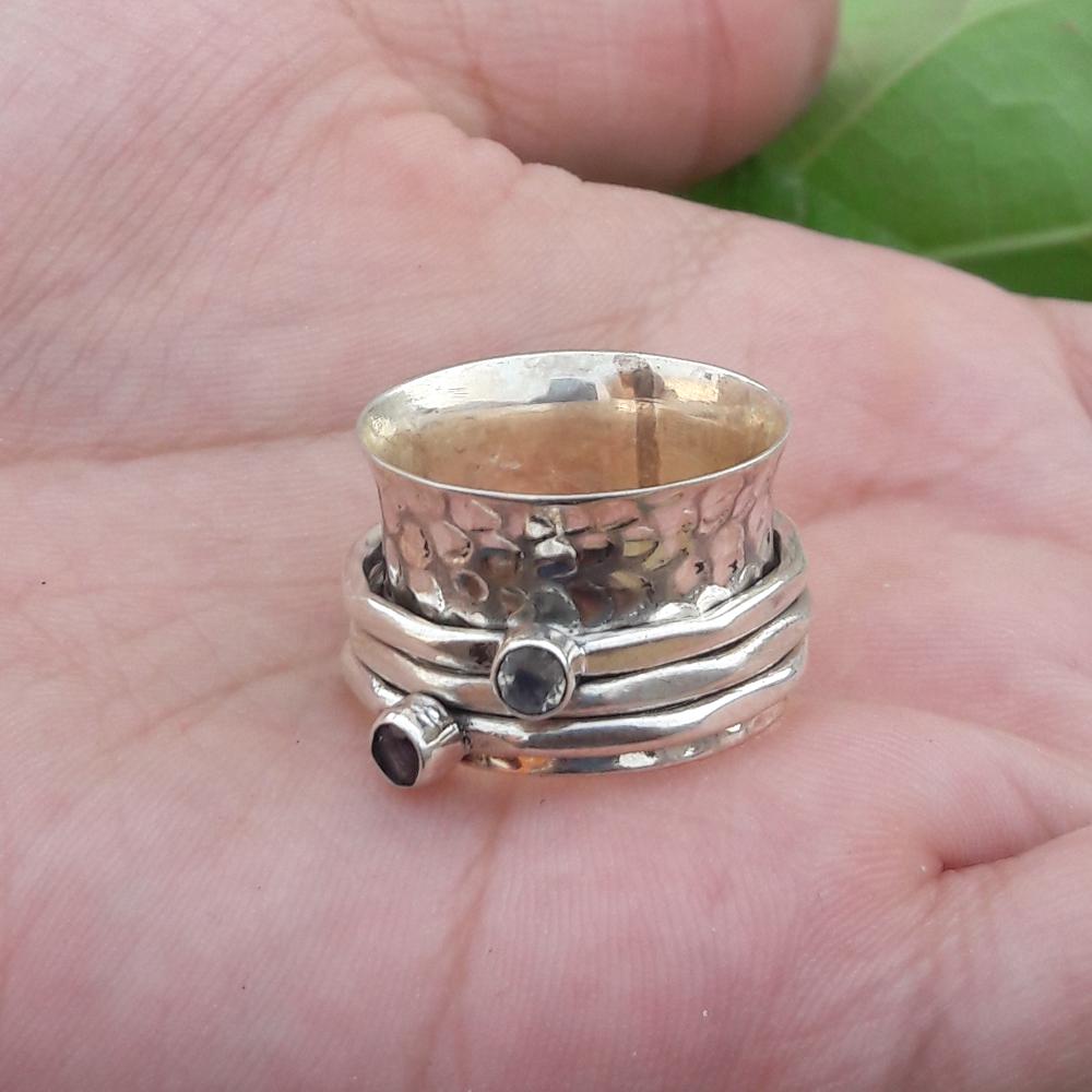Серебряное вращающееся кольцо с лунным камнем и аметистом, кольцо-вертушка в форме сердца, кольцо из стерлингового серебра 925 пробы, кованое кольцо, кольцо тревоги, кольцо беспокойства, подарок для нее