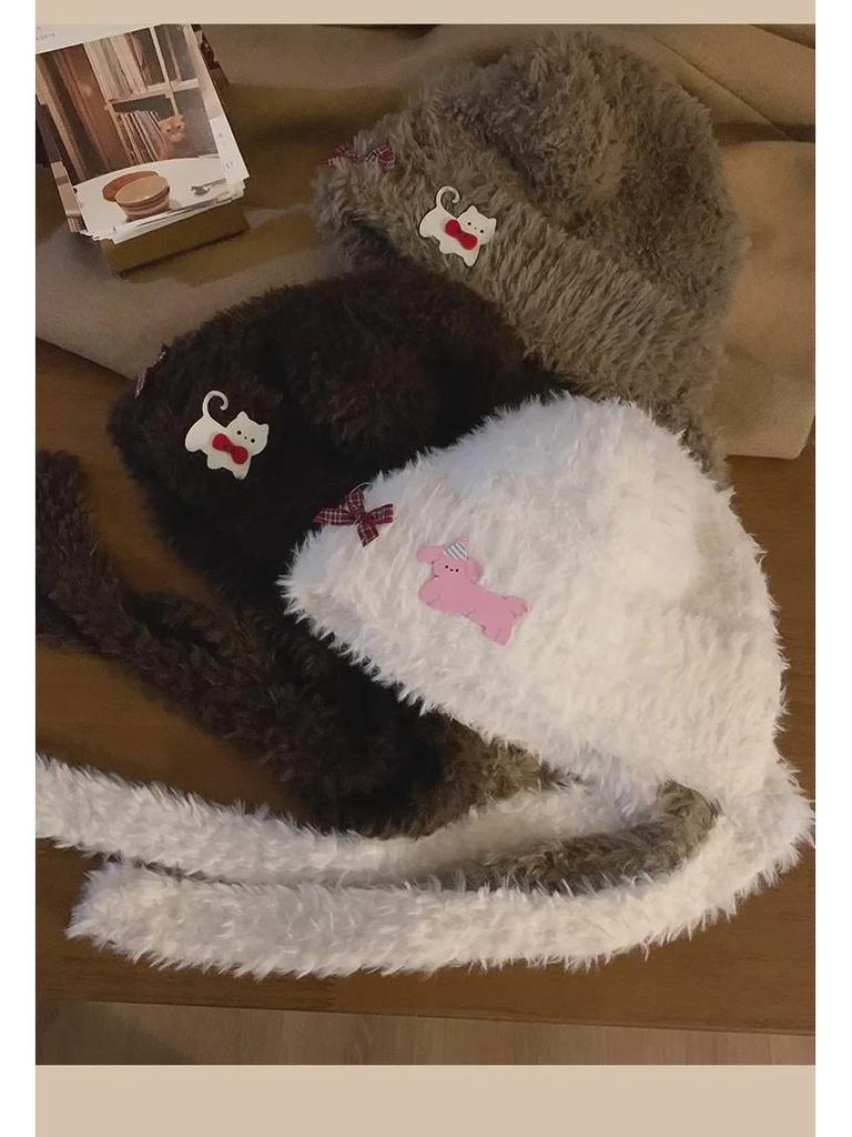 Теплая плюшевая шапка с ушками медведя и кошачьим бантом для женщин – защита ушей на осень/зиму с открытым лицом