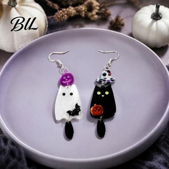 Cute Ghost Cat Jewelry Set 1 Pair Acrylic Halloween Earrings, Black White Drop Dangle Earrings with Charming Holiday Gift for Her Witch Hat