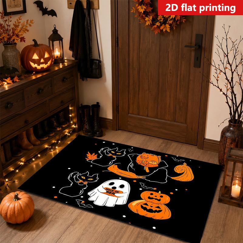 1pc, 2D Flat Halloween Black Cat Pumpkin Bat Print Pattern Entry Door Mat - Foyer Welcome Mat, Pet-Friendly Welcome Doormat, Soft Absorbent Non-Slip B