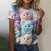 Cute Cat Print Women T-Shirt Harajuku Vintage Short Sleeved Tees O Neck Funny Tee Top Oversized Female Clothing