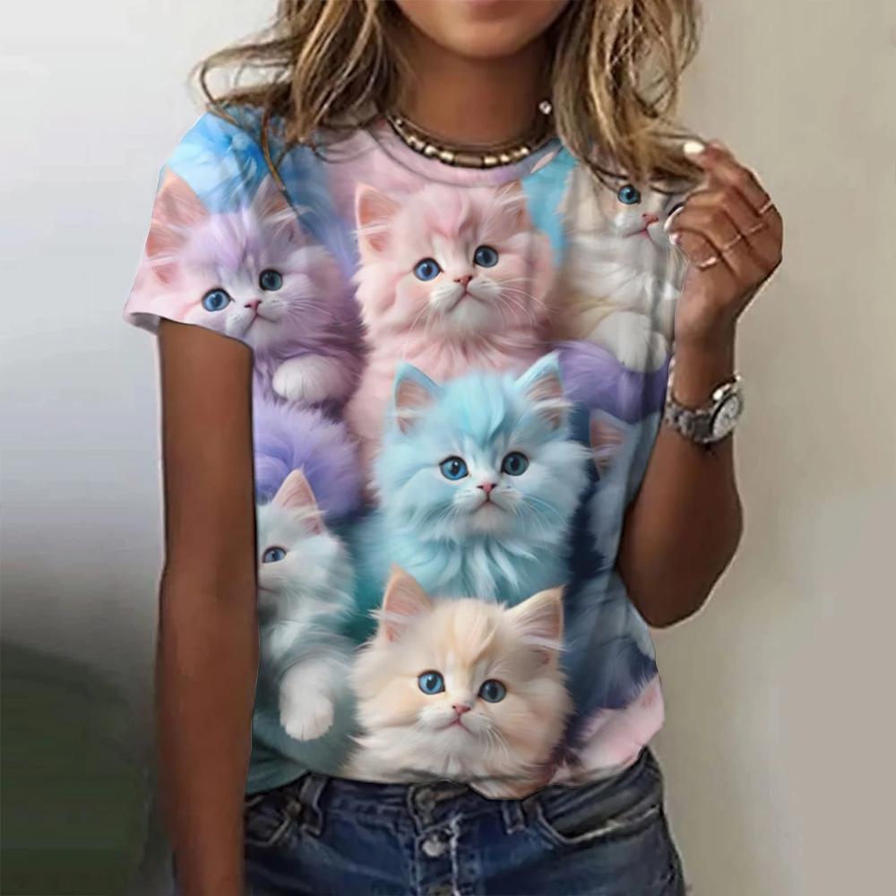 Cute Cat Print Women T-Shirt Harajuku Vintage Short Sleeved Tees O Neck Funny Tee Top Oversized Female Clothing