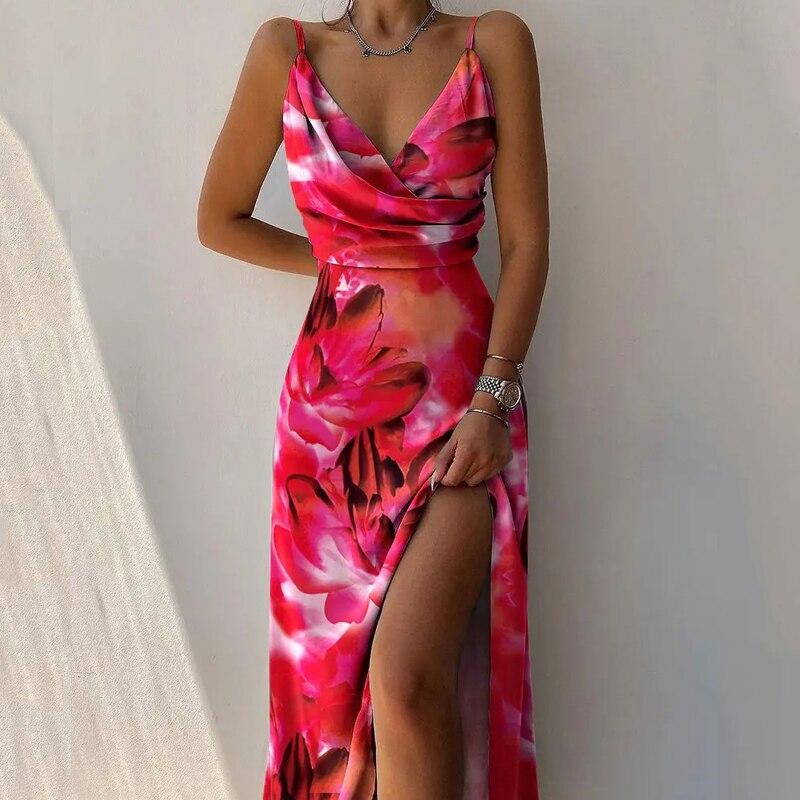 Модное летнее длинное платье с принтом, повседневное женское платье с V-образным вырезом, плиссированное платье-комбинация, сексуальное вечернее платье Y2k, одежда 25680