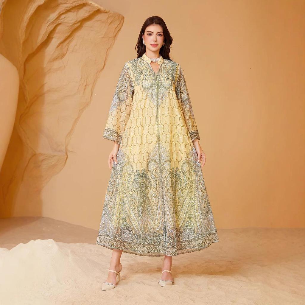 Вышитое мусульманское женское длинное платье Абая в ближневосточном стиле с принтом из горячих страз