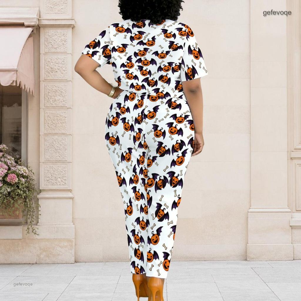 Women Plus Size White Halloween Print Short Sleeve Top And Pocket Pants Two Piece Set