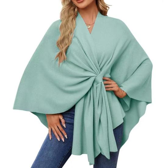 Women Shawl Coat V Neck Fall Winter Oversized Poncho Keep Warm Pure Color Windproof Open Front Shoulder Wraps with Bat Sleeves