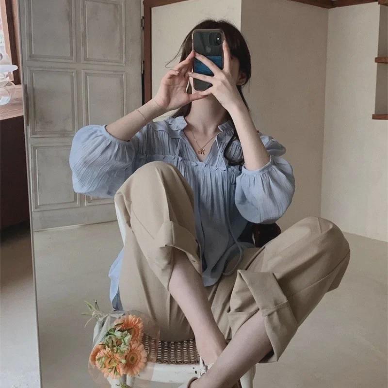 Женский корейский шикарный плиссированный кружевной солнцезащитный топ с длинными рукавами - новый нежный весенний стиль